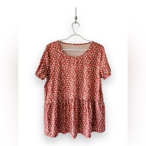 Brand unknown, medium flowy top, pink with white/off white florals